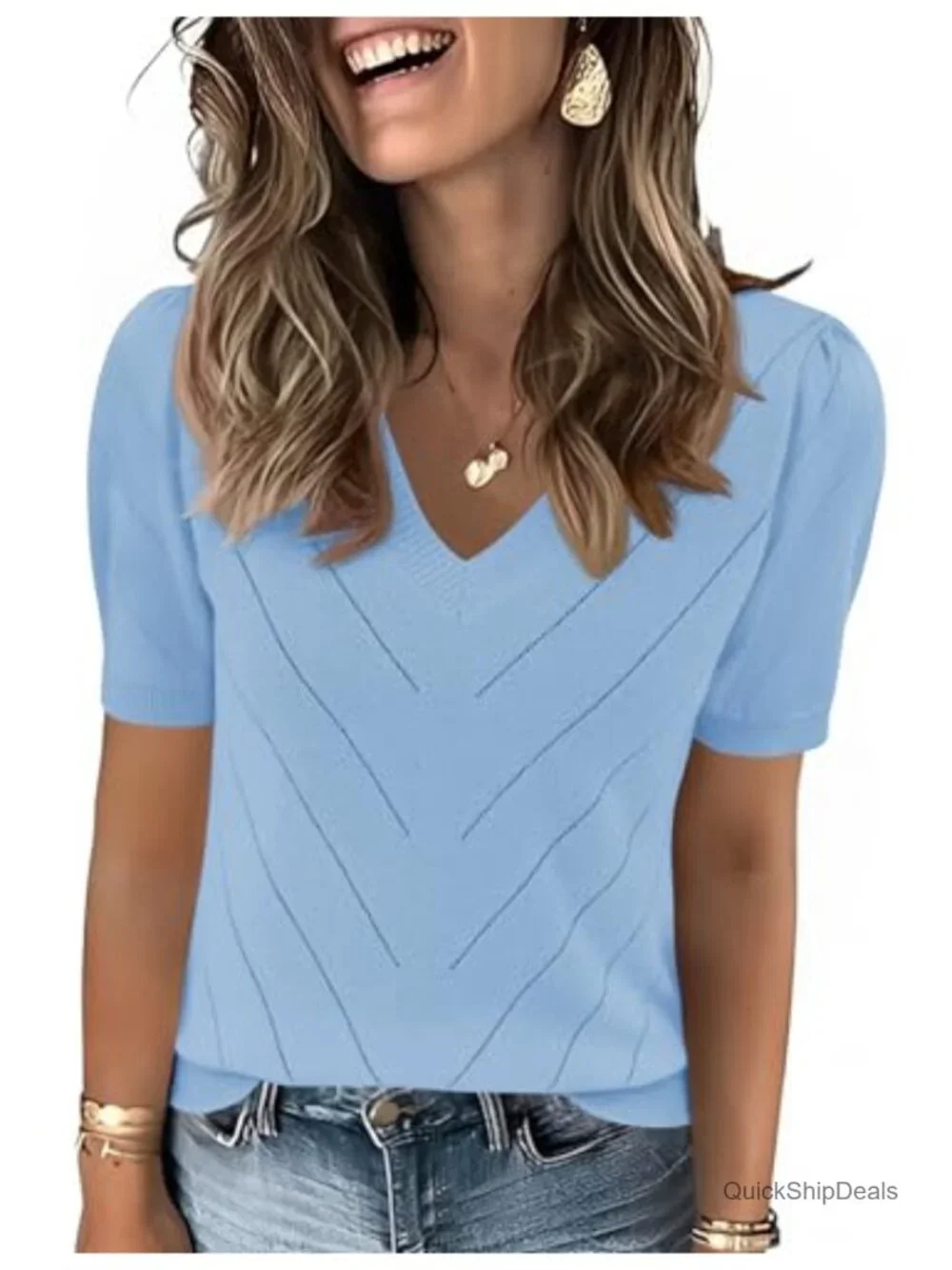 Puff Short Sleeve Lightweight Knit V-Neck Sweater Blouse Business Casual